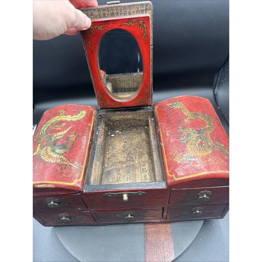 Vtg Mid Century Asian Red Lacquer Large Jewelry Box Mirror Dragon Chest RARE